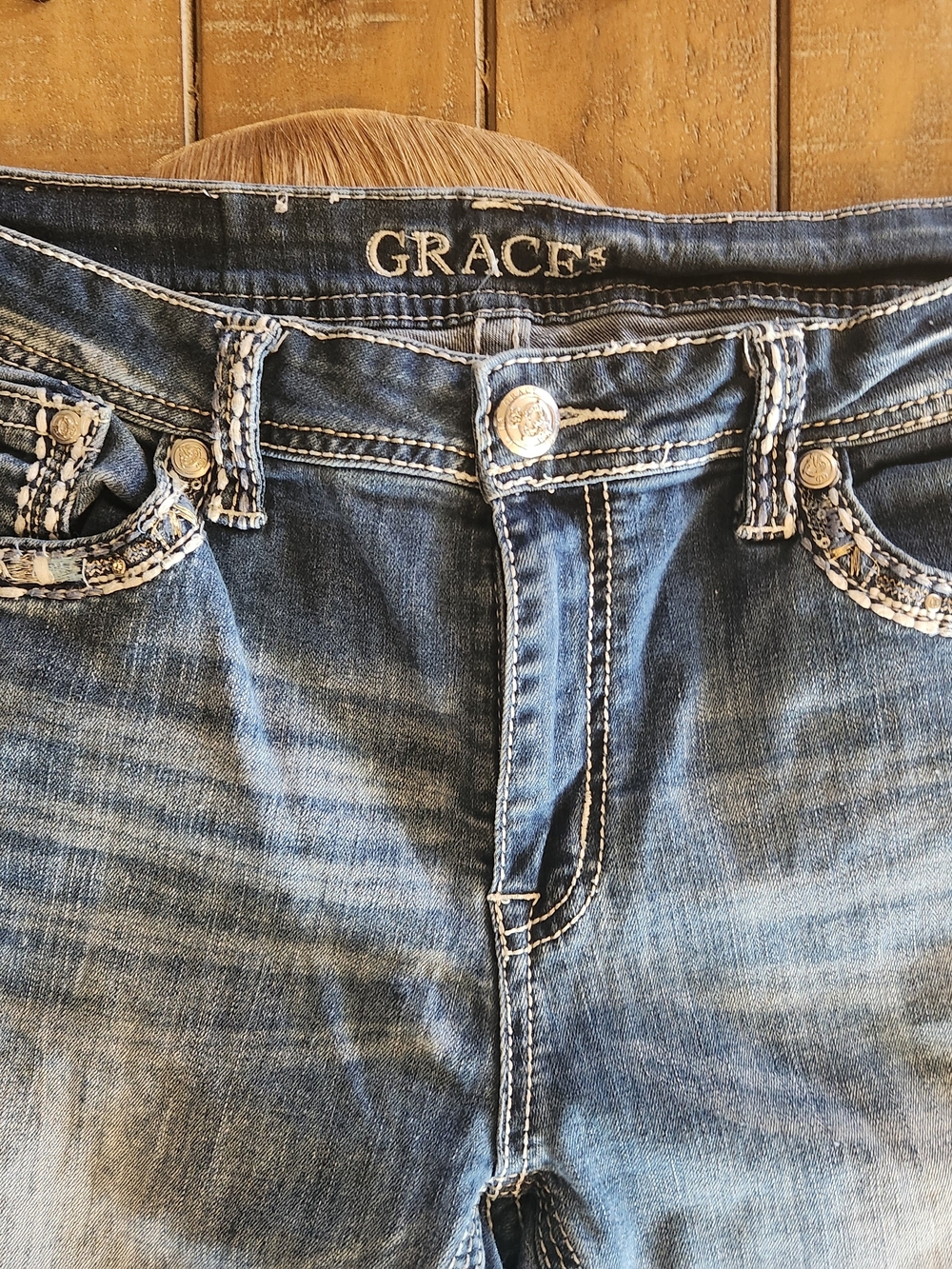 Grace in LA Womens Embellished Blue Denim Jeans - Picture 4 of 7
